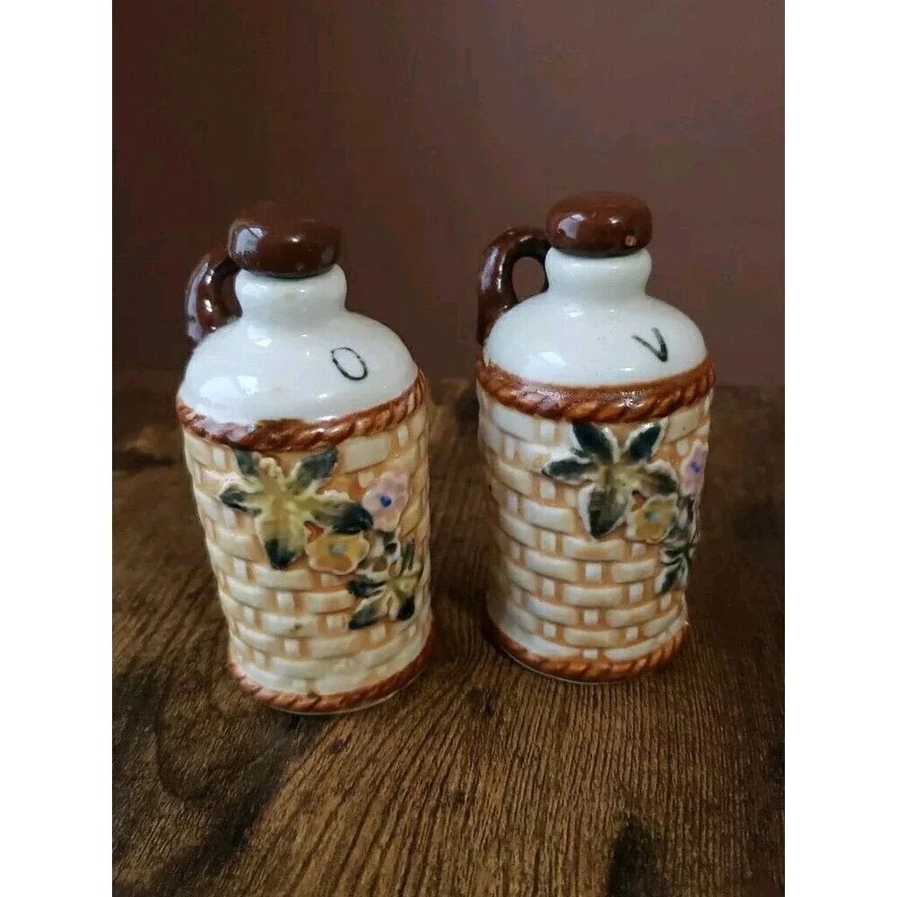Vintage Oil & Vinegar Bottle Ceramic Basketweave Hand Painted Floral Cruets